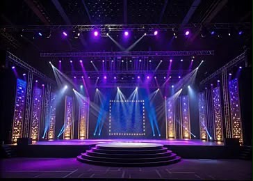 Cenografia de palco com iluminação roxa e azul