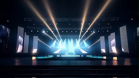 Palco com feixes de luz dourados e painéis laterais